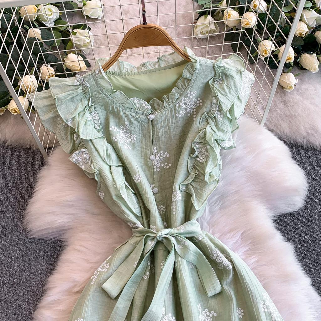 Sweet Stitched Ruffle Hem round Ne Princ Long Dress Women Spring Autumn Belted Waist Women Dress
