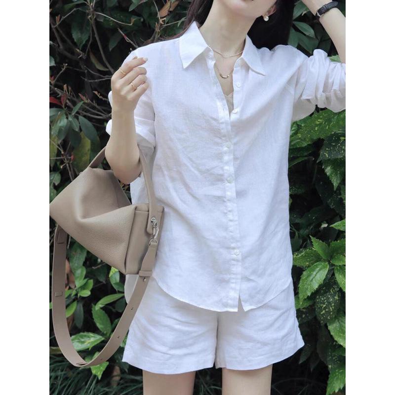 Women s Summer Linen Suit: White Shirt & Shorts Two-Piece Set - Simple, Casual, and Elegant Sun Protection. L