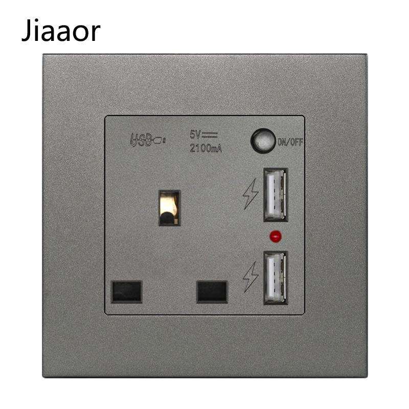 Grey British Standard Double Gang Switch Socket with USB & Type C - Hong Kong/Macau Compatible, Concealed 86 Type