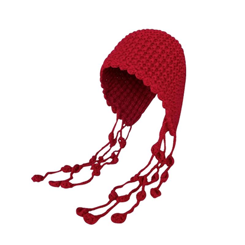 Vintage Red Woman Winter Knitted Beanie Hat One Size красный