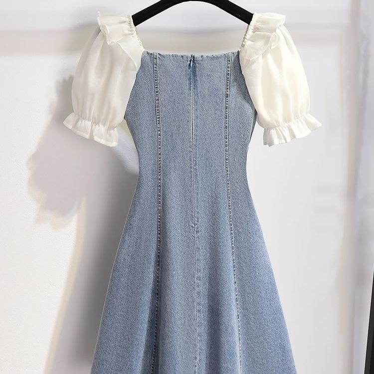 Damen One-Shoulder Puffärmel Denim Patchwork A-Linien Kleid - Sommer 2026 Taillenbetonend Schlanker Stil