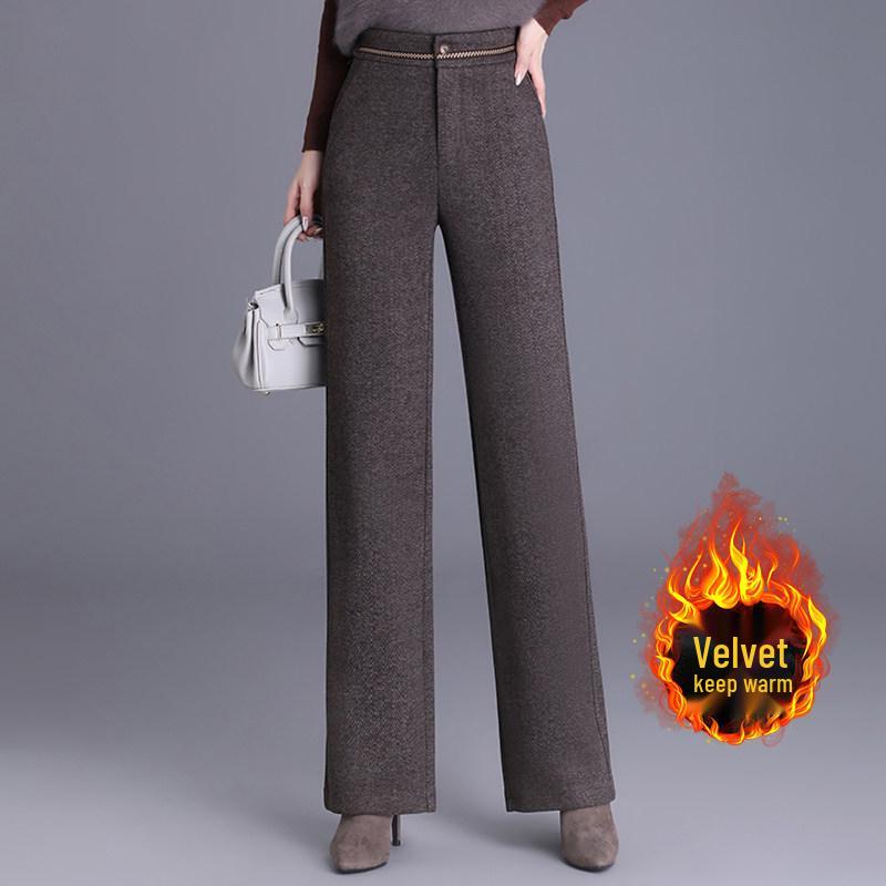 Women's Woolen High-Waisted Wide-Leg Pants - Versatile Spring/Autumn Style, Thickened with Elastic Back, Straight-Leg Trousers