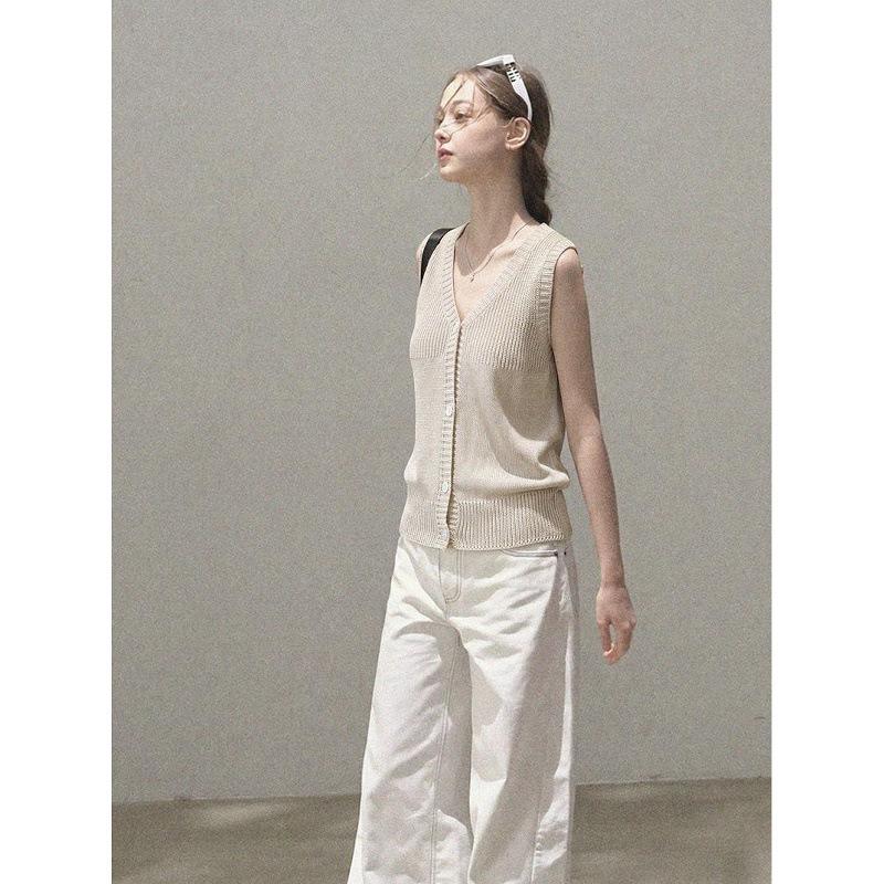 apricot v-neck knitted cardigan vest top women's summer sleeveless vest small short wear vest outside