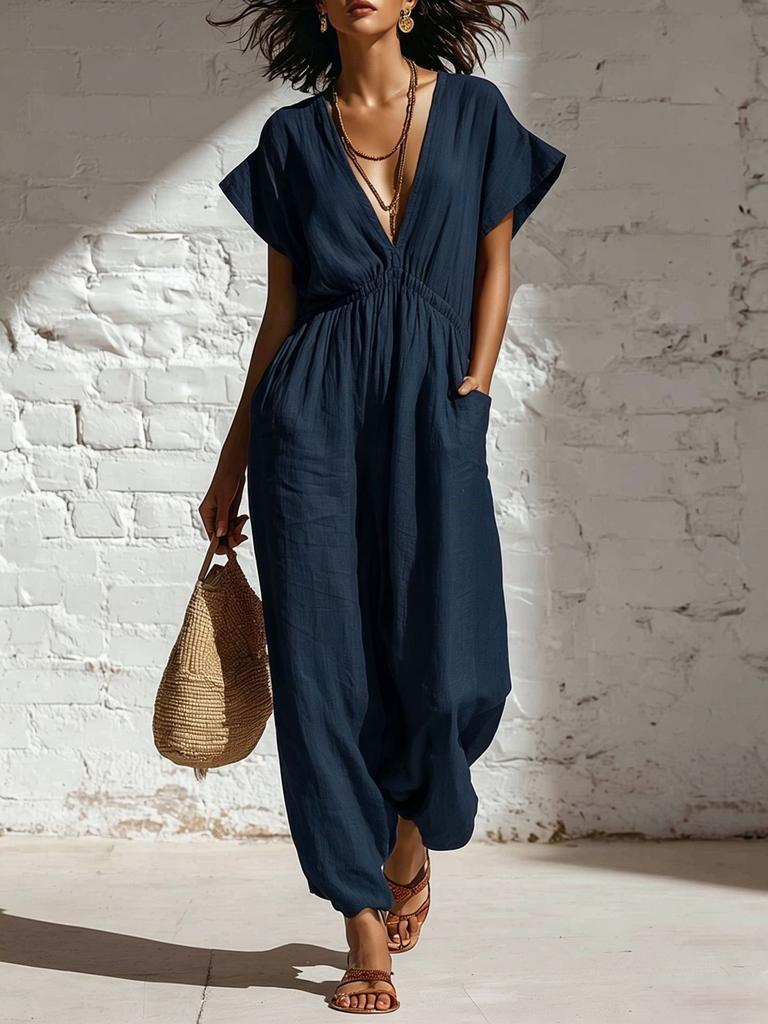 2026 Ropa de verano de mujer europea y americana tendencia de personalidad estilo callejero mono de pierna ancha con cuello en V profundo cintura suelta mujer