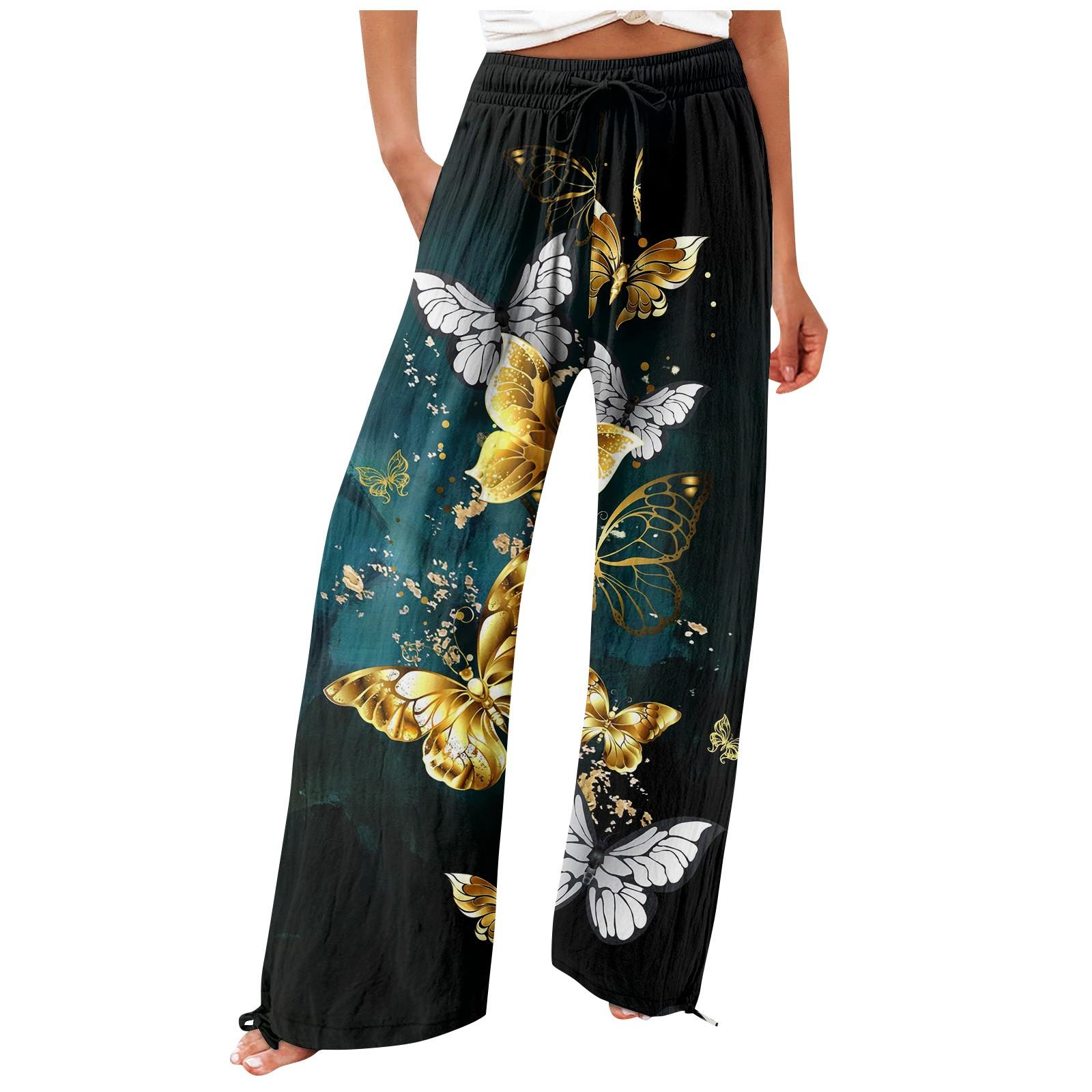 

Брюки для женщин. Летние струящиеся брюки с высокой талией и широкими штанинами с принтом. Повседневные брюки. XL жёлтый