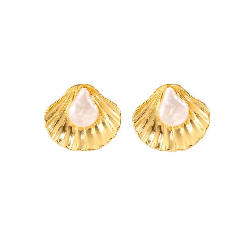 Ocean Series Stainless Steel Pearl Stud Earrings: Simple & Versatile Resort-Style Shell Pearl Titanium Earrings