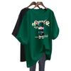 Women's Dark Green Rabbit Print Cotton T-Shirt, European Style, Mid-Length, Short-Sleeve, Spring/Summer 2024 Collection