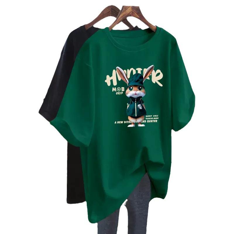 Women's Dark Green Rabbit Print Cotton T-Shirt, European Style, Mid-Length, Short-Sleeve, Spring/Summer 2024 Collection