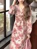 Elegant French Floral Print Cross Strap Dress for Women - Slimming Base Layer in Light Mature Style