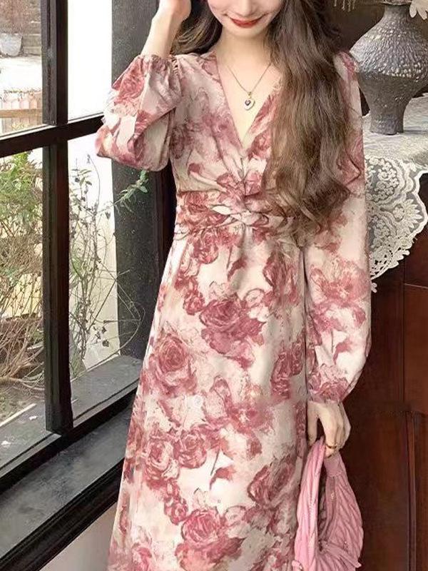 Elegant French Floral Print Cross Strap Dress for Women - Slimming Base Layer in Light Mature Style