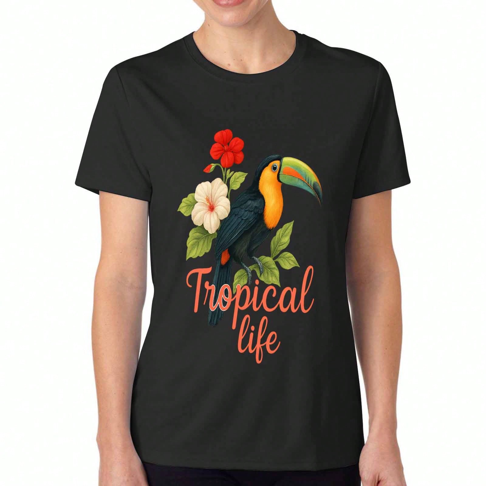 Tropical Toucan Bird Wounisex Cotton T Shirt, Premium Cotton Graphic Print, Durable, Relaxed Fit Fashionable Tee, Tropical Rainforest Jungle Parrot Lo S разноцветный