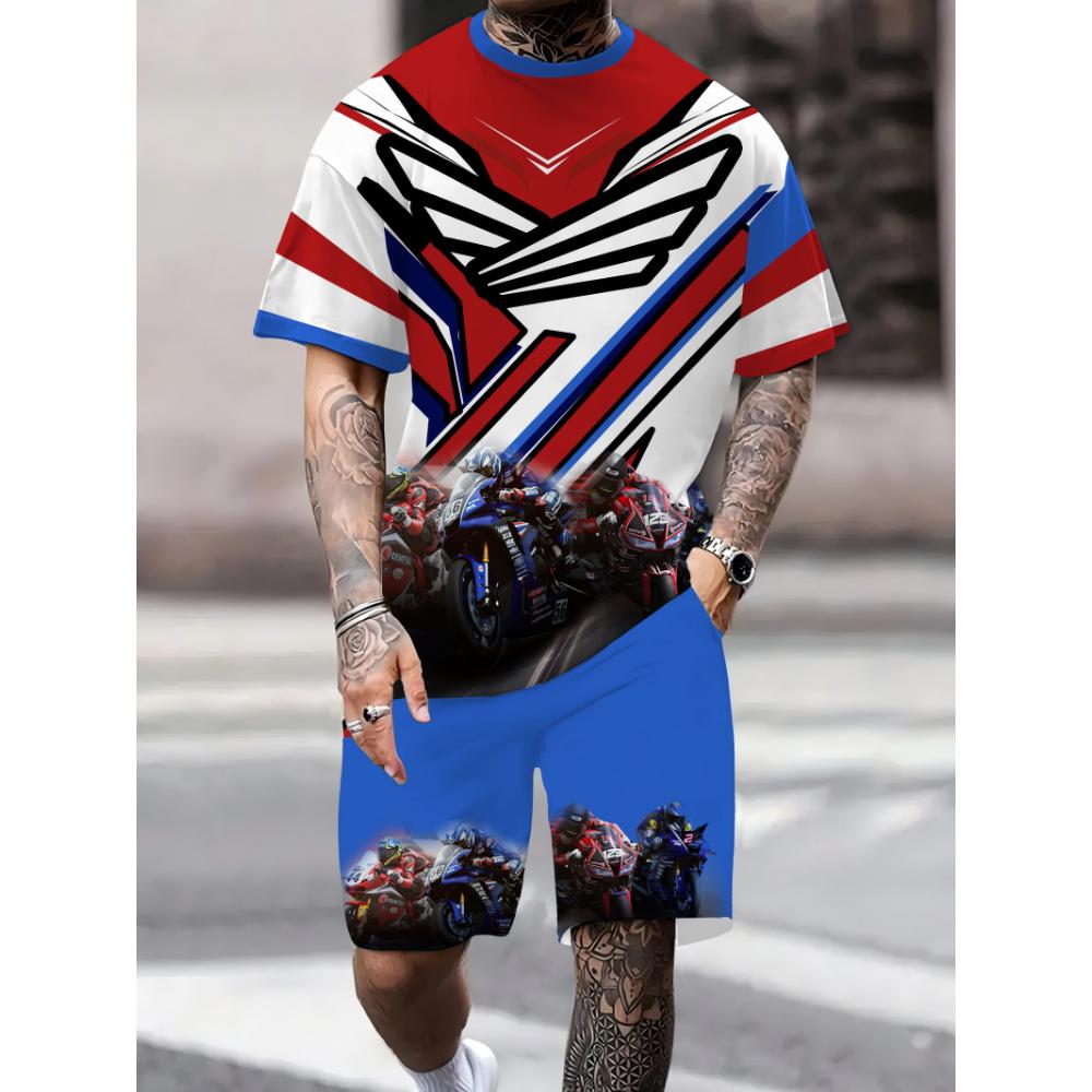 2025 Summer Men's and Women's Racing Competition T-shirt 3D Printed Top Round Neck Set Summer Sportswear Short Sleeve Outdoor To