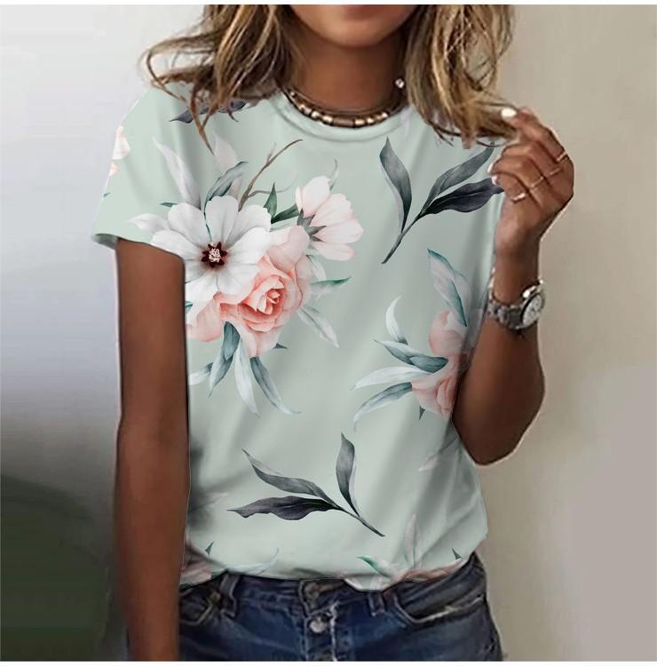 2025 Casual Sports Women's T-shirt Summer New Style Garden Collar Short Sleeve Fresh Floral Loose Lightweight Fabric Casual