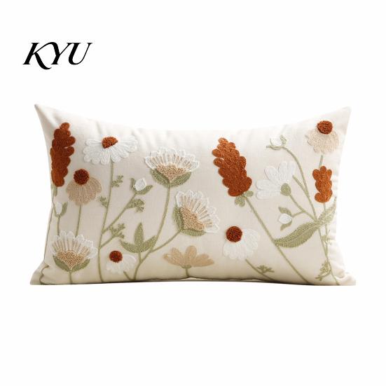 Washable Living Room Cushion Covers Floral Embroidered Cover, Decorative Throw Pillow Square Shams Farmhouse Cover for Sofa Couch Elegant Summer
