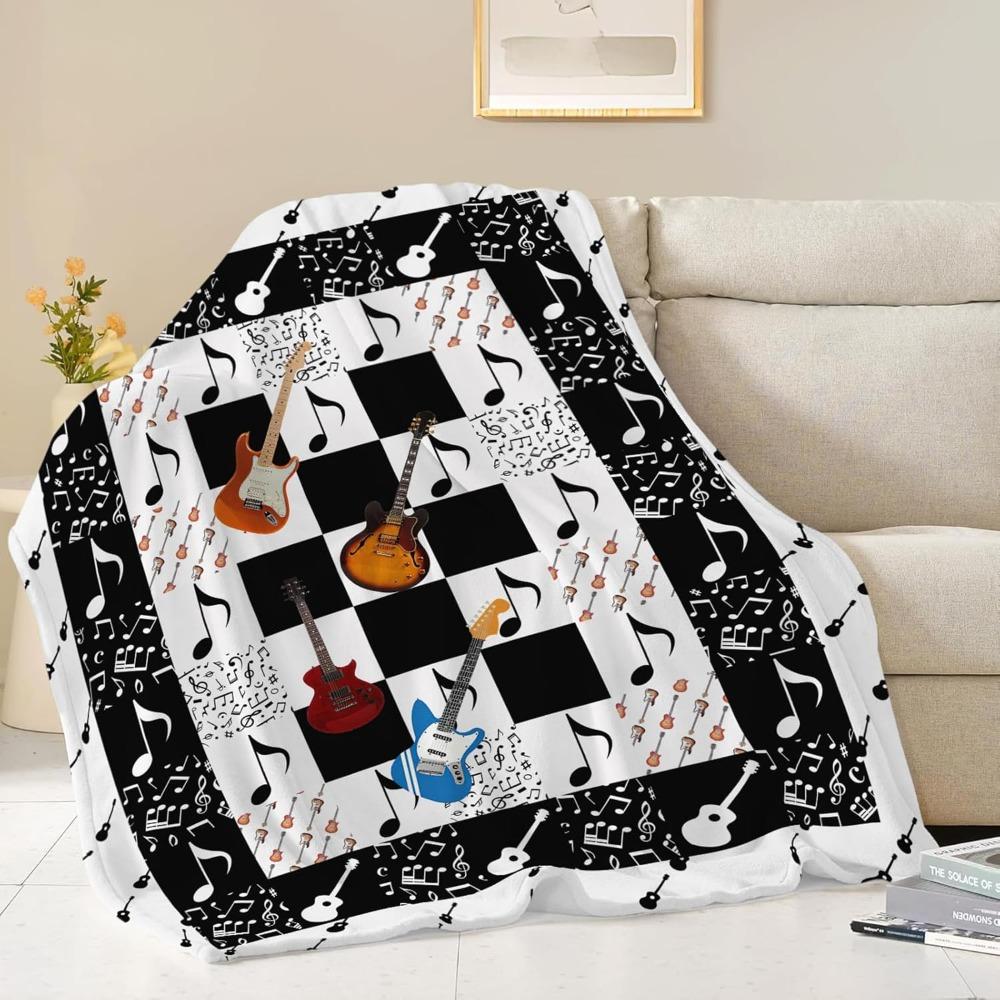 Cool Guitar Throw Blanket with Music Notes, Super Soft Cozy Plush Fuzzy Fleece Bedding Blanket Decor for Kids Girls Boys Adults