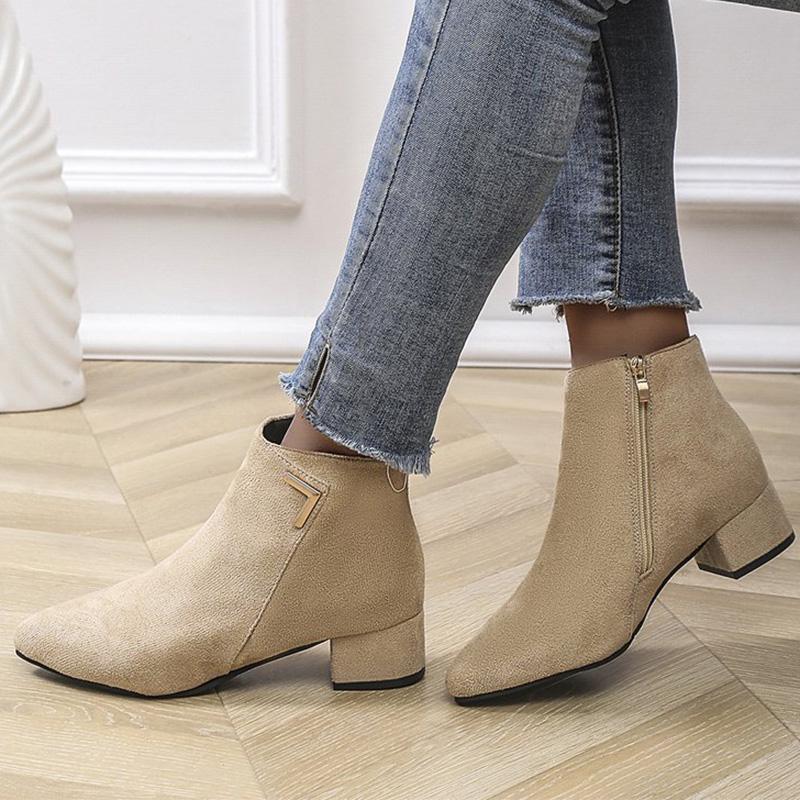 Fashion 2025 Spring Autumn Fashion Faux Suede Ankle Boots Women Solid Color Zipper Boots Woman Metal Decoration Pointed Toe Botas Lady