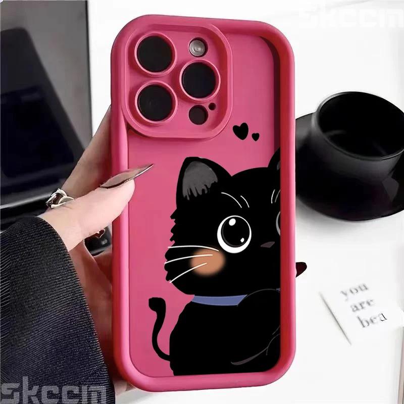 Cute Cartoon Black White Cat Phone Case For iPhone 16 Pro Max 15 14 13 12 11 XS XR X 8 7 15 Plus Shockproof Soft Silicone Cover