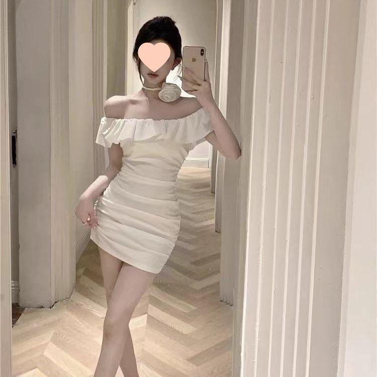 Elegant French One-Shoulder Ruffled Bodycon Dress