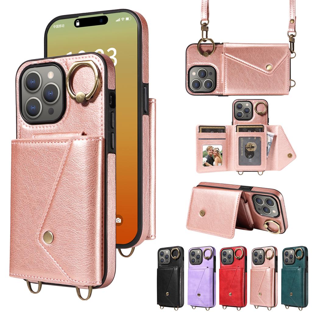 For iPhone 15 Series.for iPhone 15,15 Plus,15 Pro,15 Pro Max Shoulder Strap Rope Ring Bracket Design Card Holder Slots Lichee Pattern Cover Phone Case