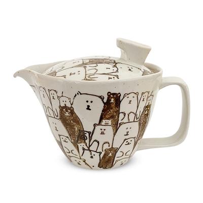 J-kitchens Teapot with Tea Strainer, 240ml Capacity, 1-2 Person Capacity, Hasami Ware, Made In Japan, Bear Design, Brown, S173575