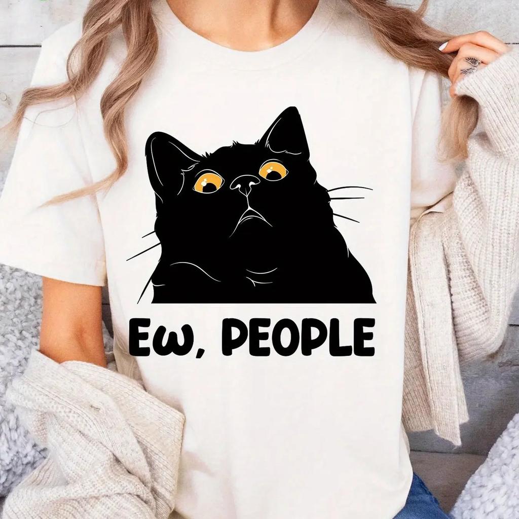 Womens Black Cat Print TShirt Versatile Fashion Street Style Summer Short Sleeve Casual Tops Women And Unisex Tshirt