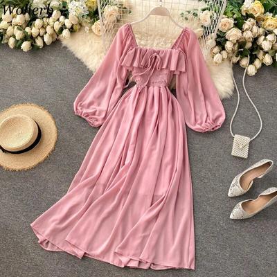 Chic Elegant Square Collar Maxi Dress Women Solid Chiffon Puff Sleeve Dresses Korean Vintage Ruffle Vestidos
