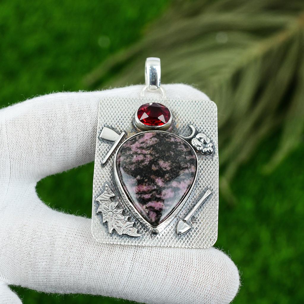 Natural Rhodonite Gemstone Pendant Handmade 925 Sterling Silver Indian Jewelry