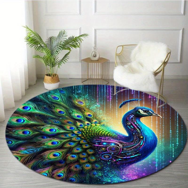 Crystal Velvet Carpet Crystal Velvet Peacock Design Mat - Vibrant Colorful Feathers Circular Mat, Lightweight Hand Wash On