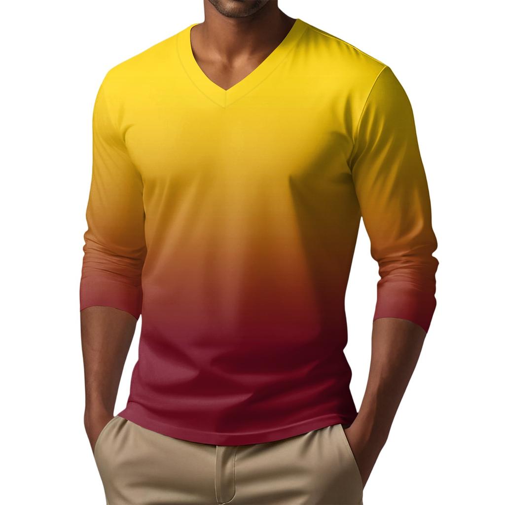 Men's V-neck Casual Fashion Printed Long-sleeved T-shirt Top
