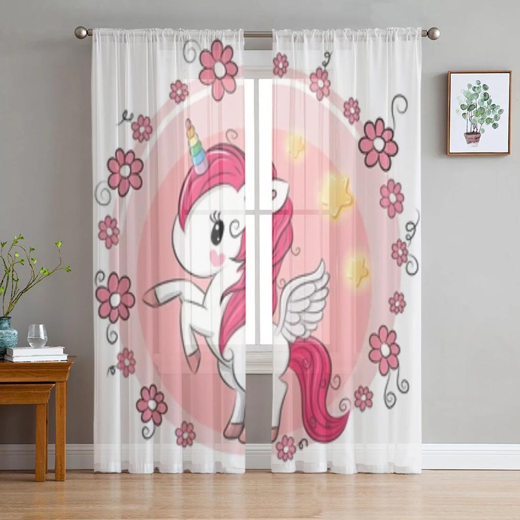 Animal Cartoon Unicorn Sheer Curtains for Living Room Bedroom Tulle Curtains Kitchen Window Treatments Panel Drapes