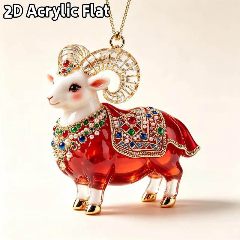 2D Flat Acrylic Christmas Hanging Pendant Red Gold Chinese Zodiac Goat Xmas Tree Ornament New Year Car Pendant