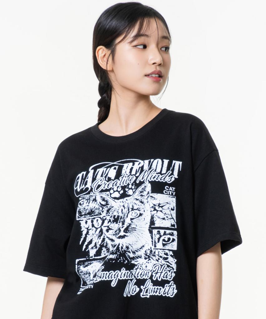 MOZMOZ Icat Oversized Graphic Short Sleeve T-Shirt Black