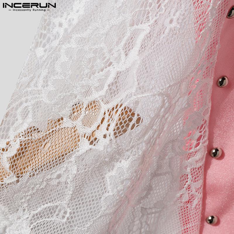 INCERUN Men O Neck Short Sleeve Letter Print Lace Patchwork Irregular Tops T-shirts