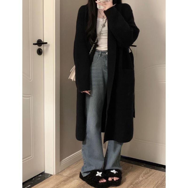 Toamnă Iarnă Nouă modă cu decolteu în V cu mânecă lungă, solid, mediu lung, stiluri, cardigan, îmbrăcăminte pentru femei, largi coreeană, tricotat, trend, topuri