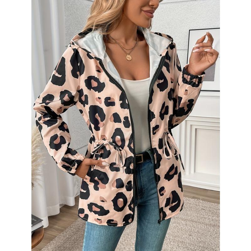 Women'S Casual Leopard Print Zip-Up Jacket - 100% Polyester Hooded Midi Length with Long Sleeves for Spring/Fall