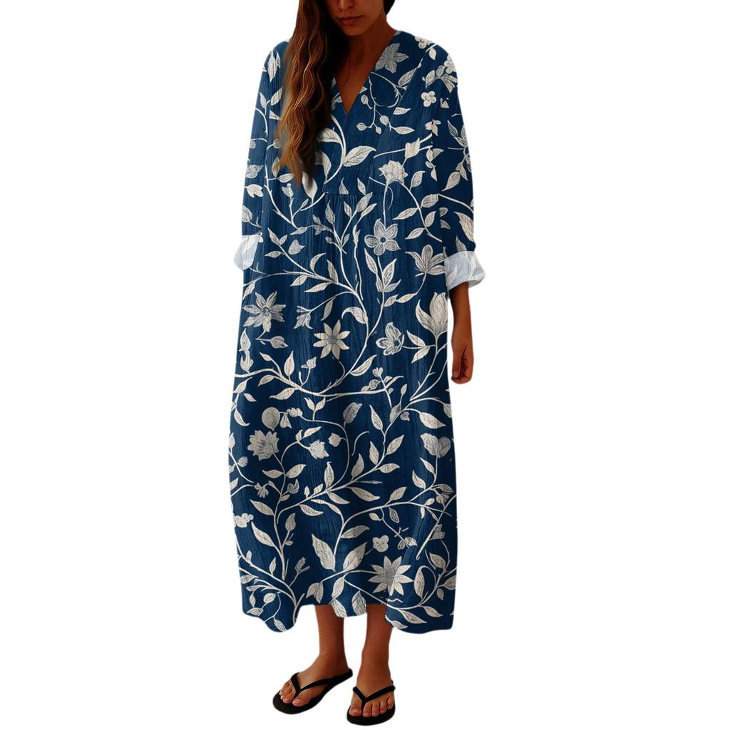 Women's Casual And Fashionable V-Veck Flower Print Long Sleeved Dress Long Sleeved Dress