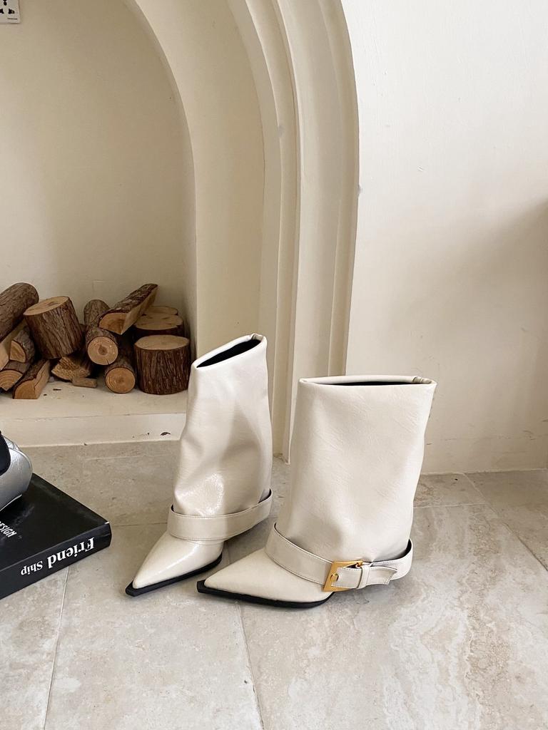 2025 Autumn and Winter New European and American Style Belt Buckle Wide Tube Pointed Thin High Heel Short Boots Trouser Leg Boots