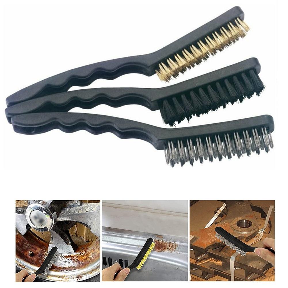 Wire Brush Set for Rust and Dirt Removal with Brass Nylon and Steel Bristles