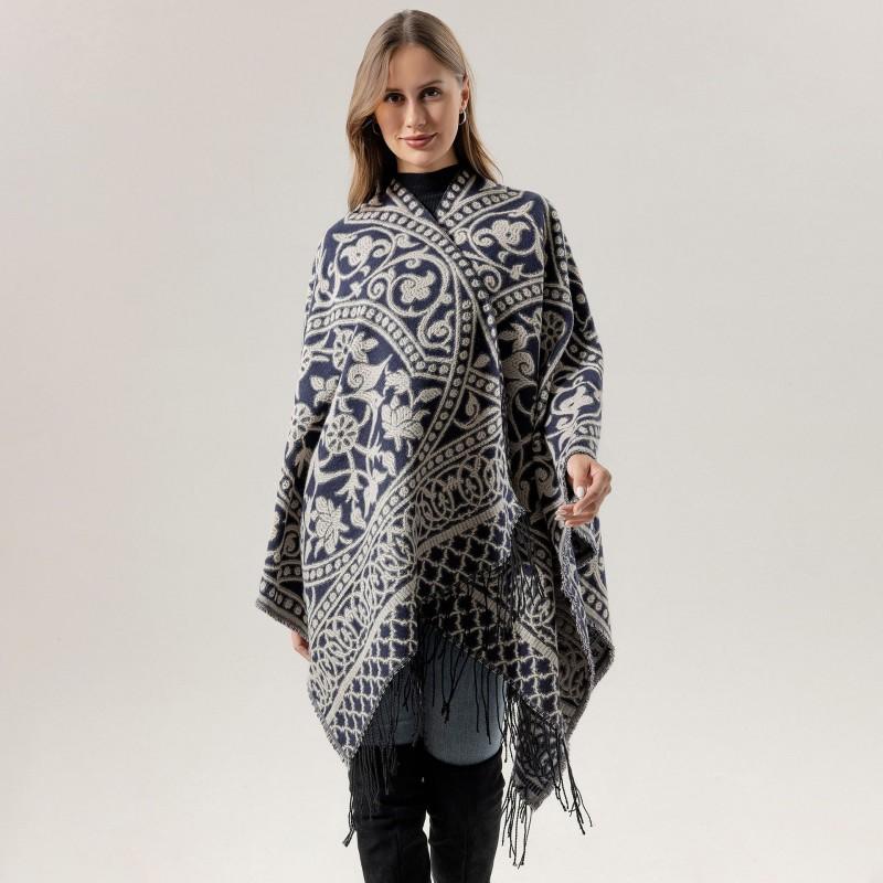 Women Men Knitted Shawl With Tassels Floral Warm Faux Cashmere Wrap Scarf Winter
