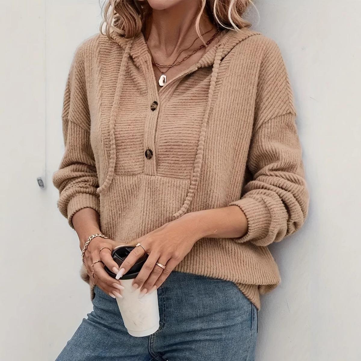 

Fall Winter Ribbed Long Sleeve Hooded Sweatshirt Top for Europe America Cross-border S хаки