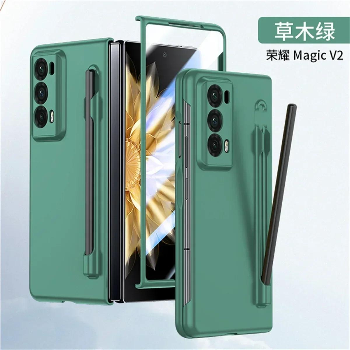 

Матовый бронированный чехол для телефона Honor Magic V3 V2 VS2 PC Hard Shell Защита от ударов с закаленной защитной пленкой с держателем для ручки Складной чехол For Honor Magic VS2 зелёный