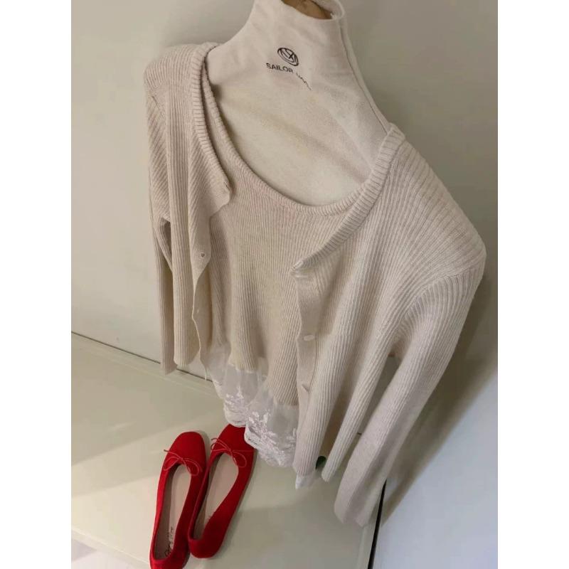 Early autumn new sweet lace splicing knitted cardigan women's gentle age-reducing vest sweater two-piece set