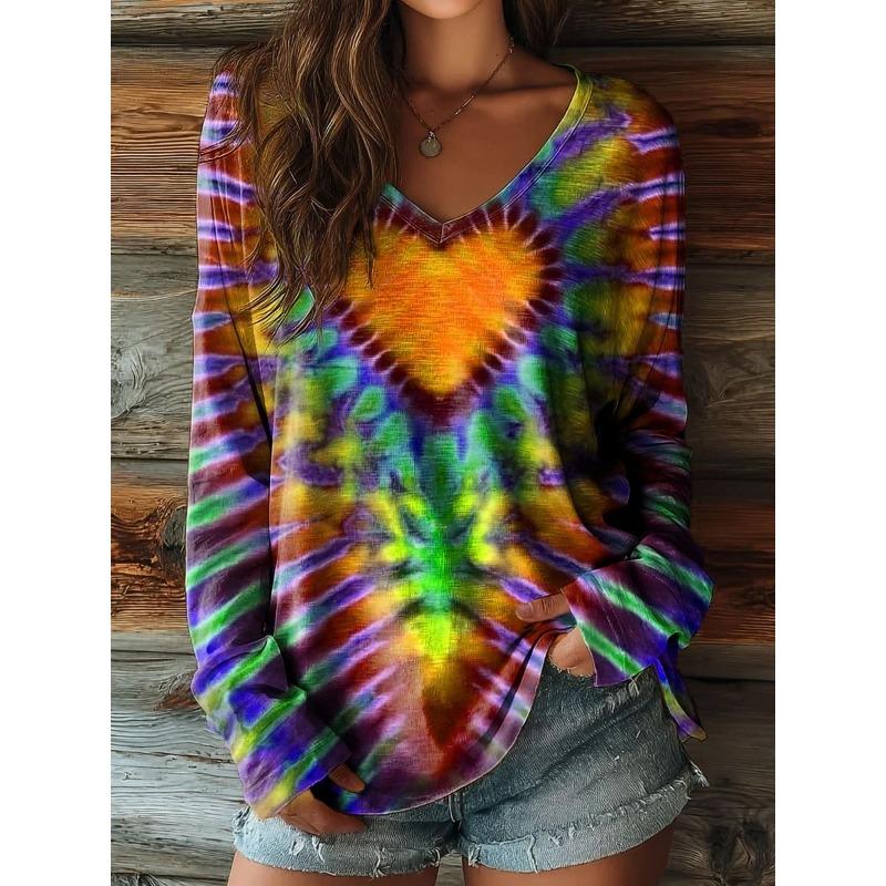 Women s T-Shirt Printed Heart Graphic Tie Dye Boho Retro Ethnic Long Sleeve V Neck Regular Top S