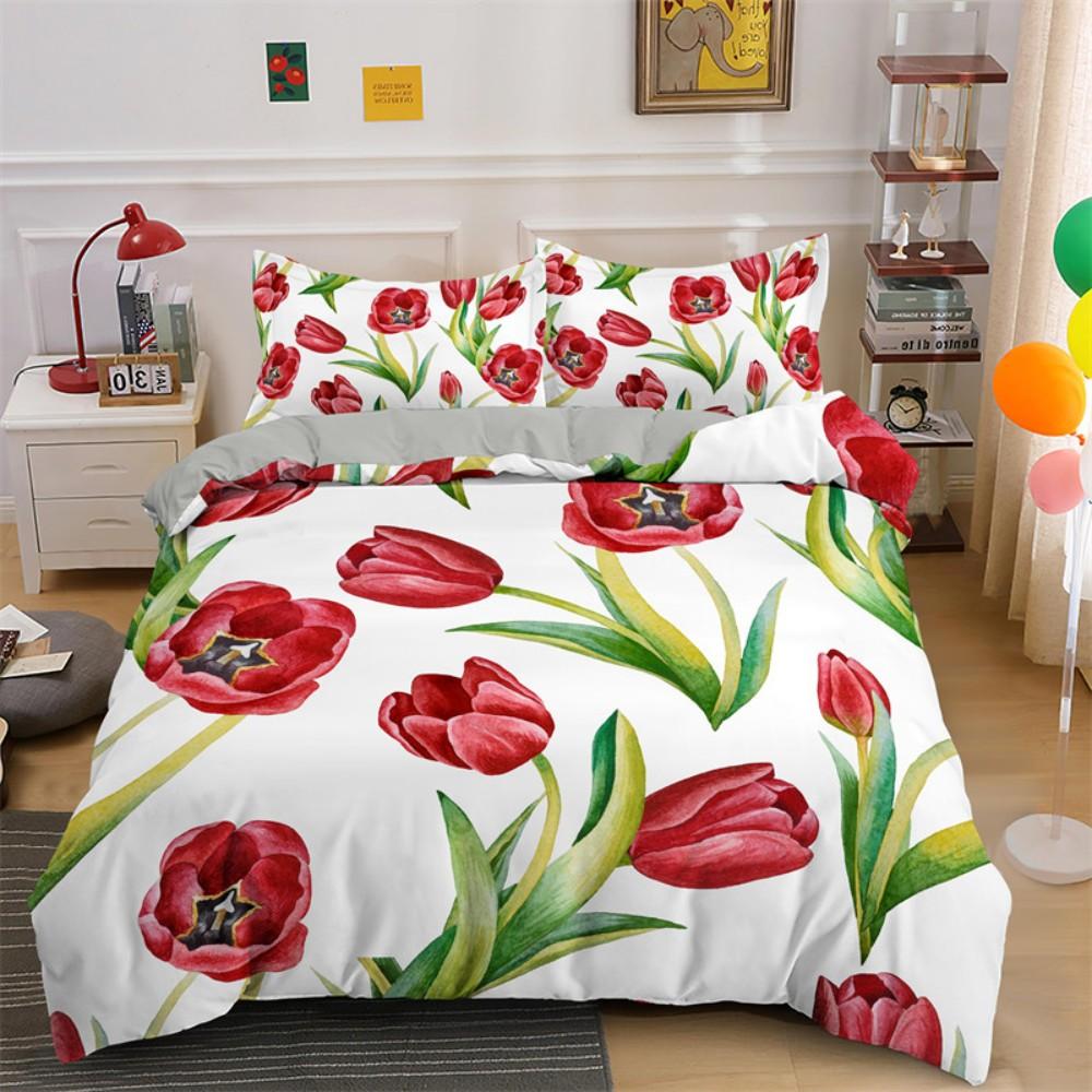 Spring Flowers Tulip Bedding Set Morning Glory Pink Rose Duvet Cover Double Queen King Twin Full Size Women Girls Duvet Cover