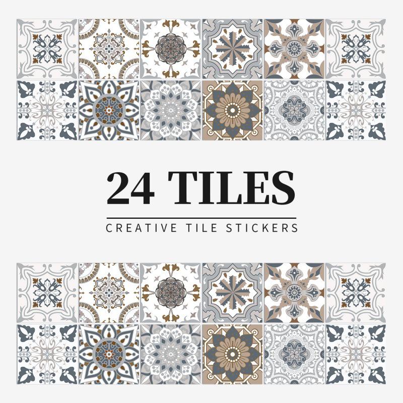 24 European Mandala Flower Tile Stickers: Waterproof, Self-Adhesive PVC for Kitchen & Bathroom Walls