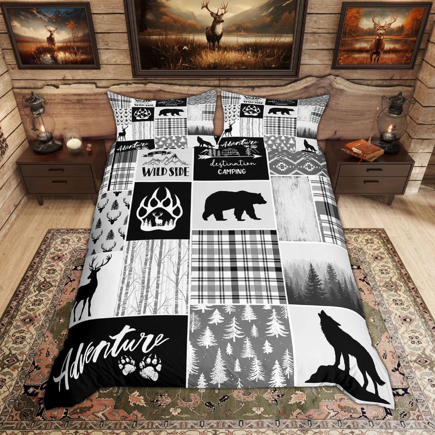 Homewish Rustic Deer Bear Duvet Cover Set Woodland Animal Checkered Quilt Cover Set Farmhouse Lodge Cabin Bedding Set