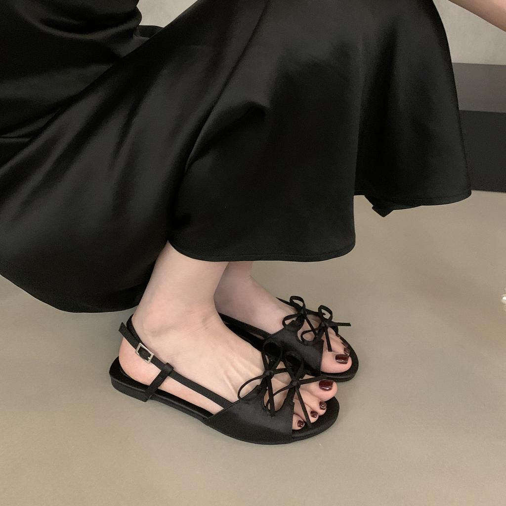 French satin bow open-toed flat sandals 2025 summer new round head outer wear flat heel cool slippers