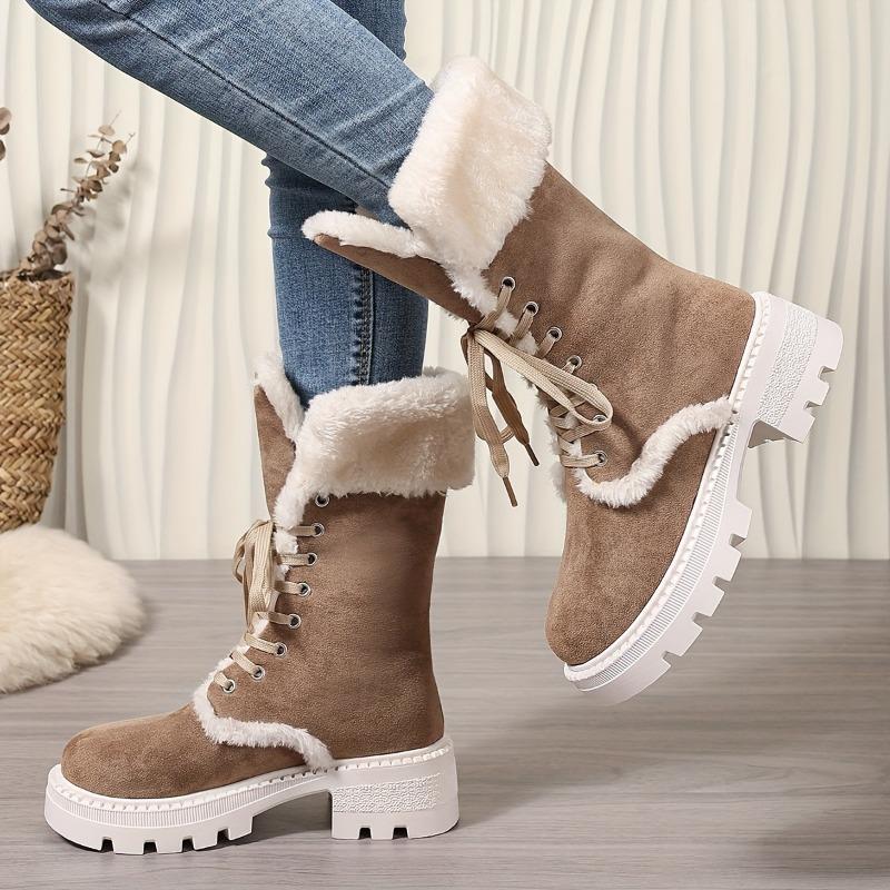 Snow Boots 2025 Winter New Chunky Heel Warm Padded Lacing