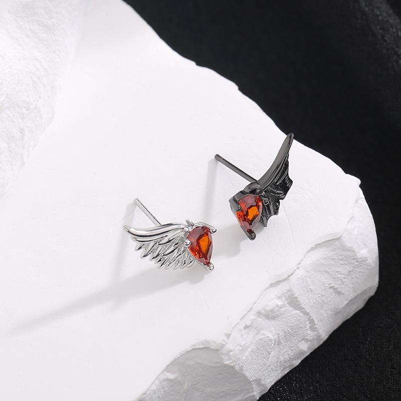 PANJBJ 925 Sterling Silver Red Zircon Studs Earring For Women Neo-Gothic Punk Wing Feather Angel Devil Jewelry Gift Dropshipping