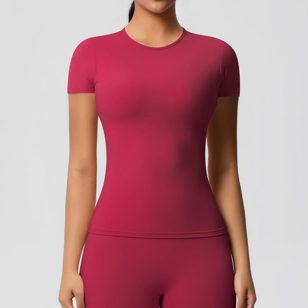 Solid color double-sided abraded tight sports short-sleeved T-shirt sports running fitness yoga clothes top women